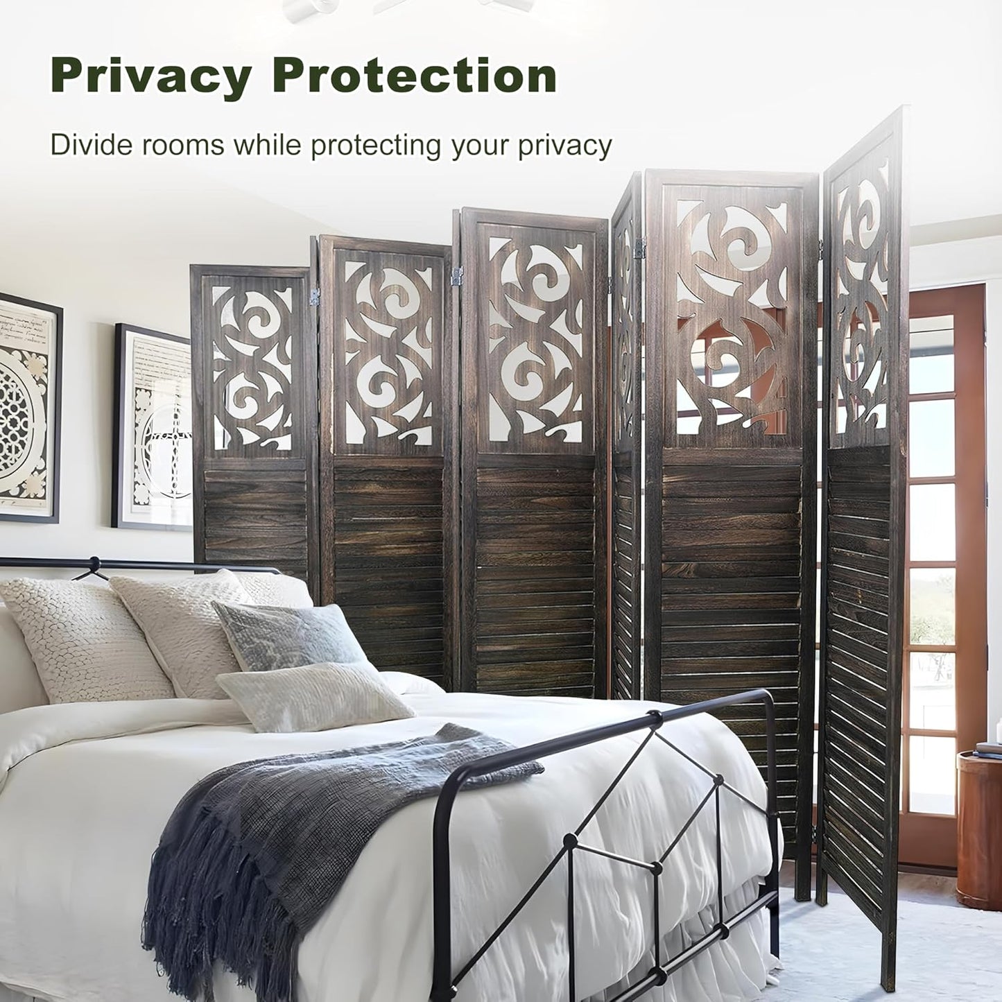 NicBex 8 Panel Room Divider 5.6FT Wood Carved Room Dividers, Folding Privacy Screens Portable Freestanding Partition Wall Dividers for Home Bedroom Office, Rustic Brown