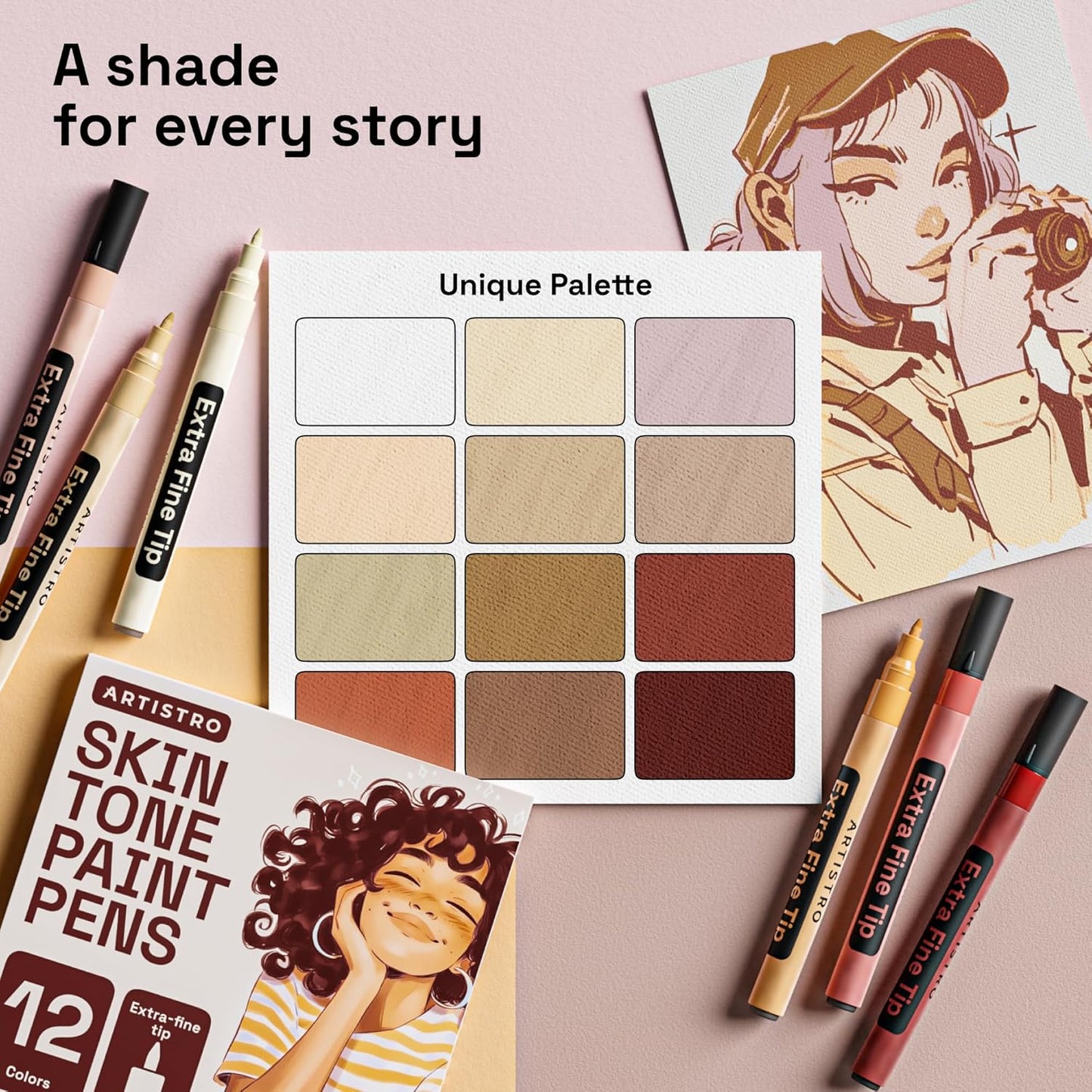 ARTISTRO 12 Skin Tones Paint Markers for Glass, Rock Painting, Ceramic, Wood, Fabric, Scrapbooking, DIY Craft Making, Coloring - Acrylic Paint Pens in Soft Colors Extra-Fine Tip 0.7mm