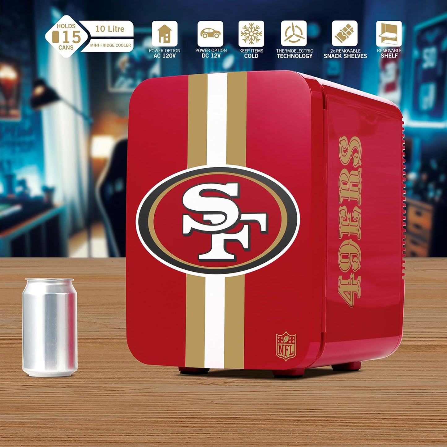 Ukonic NFL San Francisco 49ers 15-Can Mini Fridge 10L – AC/DC Powered, Official Team Colors & Logo, Portable Cooler for Tailgates, Home, Office, or Car