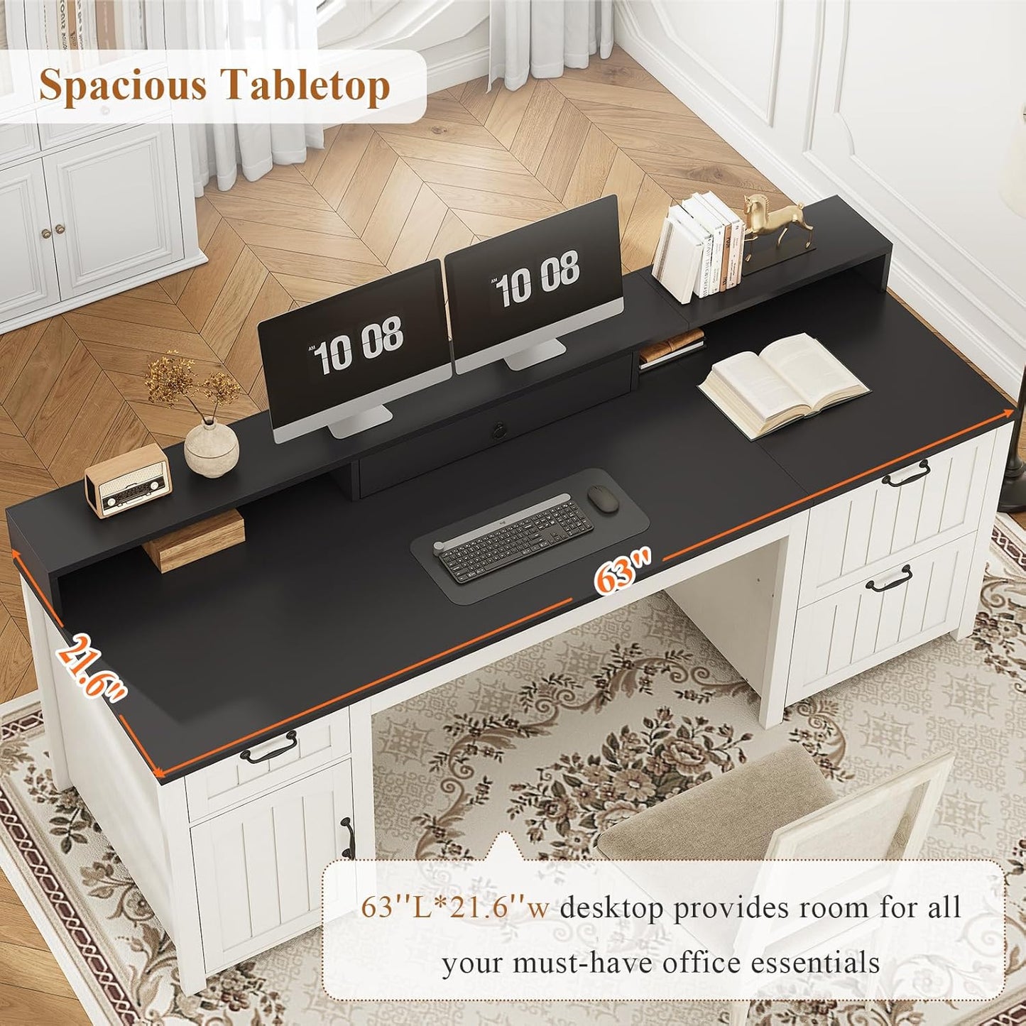 SEDETA Farmhouse 63" Executive Desk, Home Office Desk with File Drawer and Monitor Stand, Computer Desk with Drawers and Storage Cabinet, Wood Desk for Work Study Writing, White