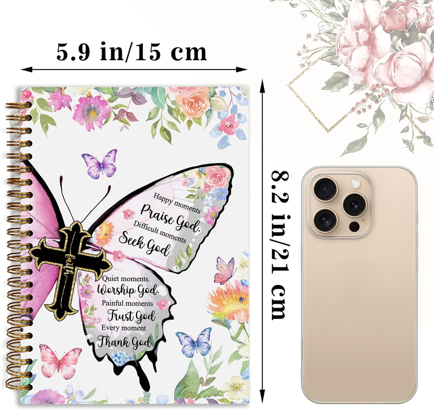 Bible Notebook, A5 Spiral Christian Journal with Floral Pink Butterfly Notebook, Bible Verse-God Says You Are, Inspirational Notebooks for Women, Bible Study, Gift for Birthday Christmas