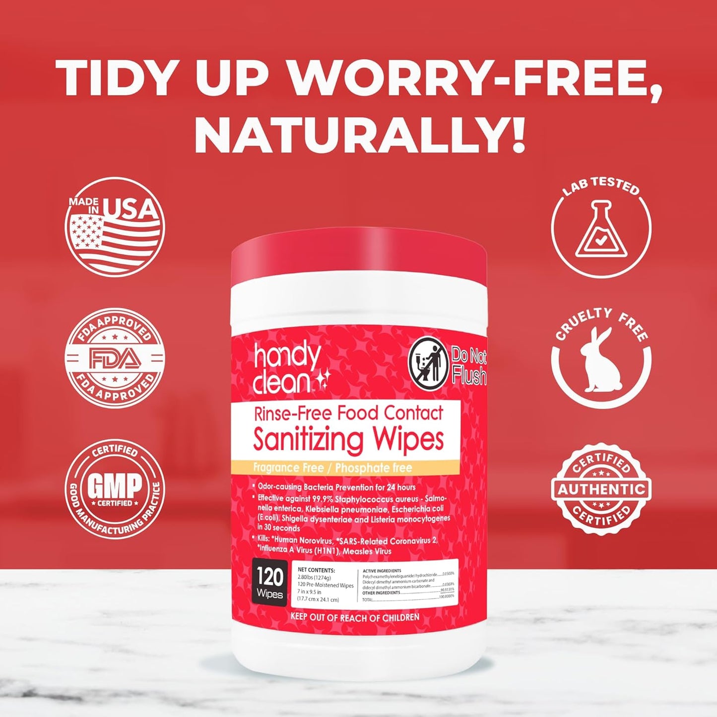 HandyClean Rinse-Free Food Contact Sanitizing Wipes Canister, Multi Surface Cleaning Wipes Cleaning Supplies for Kitchen and Professional Setting 6-Pack (120 Wipes Each)