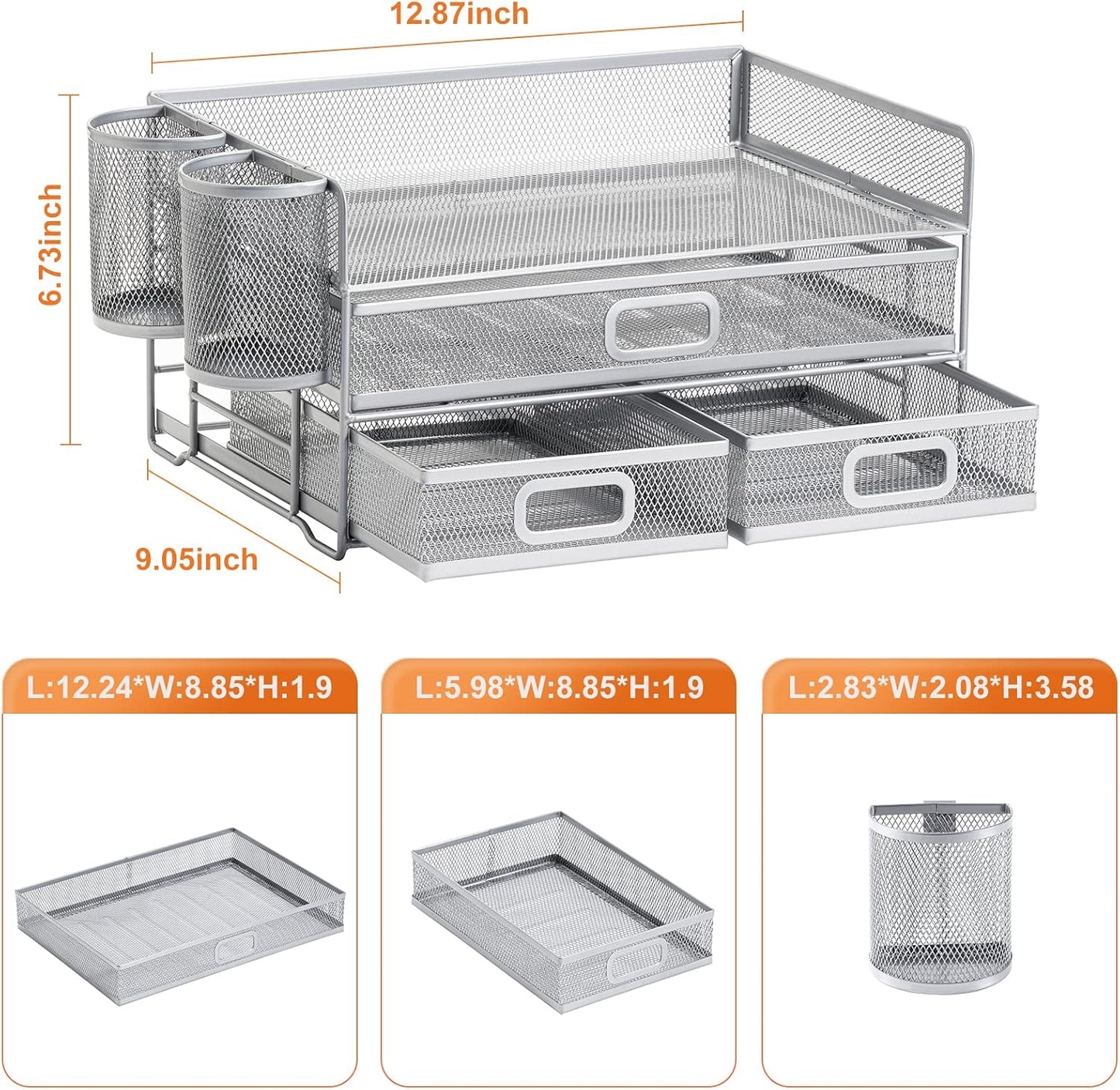 Marbrasse 3 Tier Mesh Desk Organizer with Drawer, Multi-Functional Desk Organizers and Accessories, Paper Letter Organizer with 2 Pen Holder for Home Office Supplies (Silver)