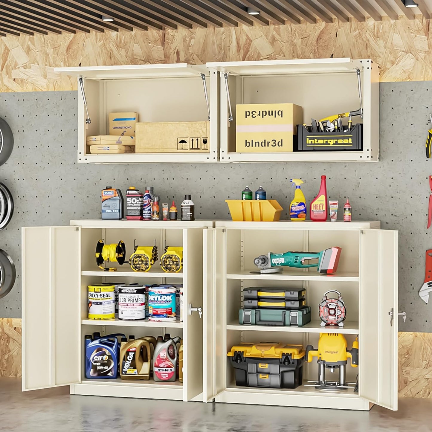INTERGREAT Metal Cabinet with Lock, Lockable Metal Storage Cabinets with Doors and Shelves for Garage, Cream Grey Locking Garage Storage Cabinets 36"×32"×16"