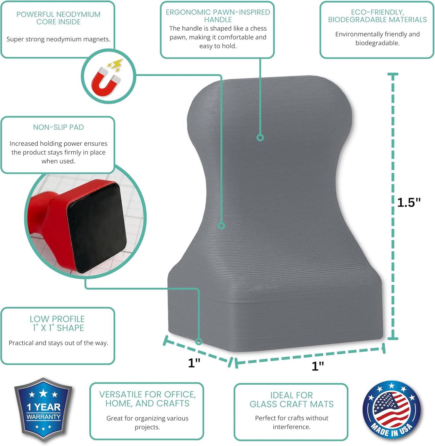 Glassboard Studio MiniPawn Magnet - Strong Neodymium Rare Earth Magnets for Fridge, Whiteboard, Locker & Magnetic Glassboards - Ideal for Crafting & Office Use - Strong Fridge Magnets (Steel Gray, 2)