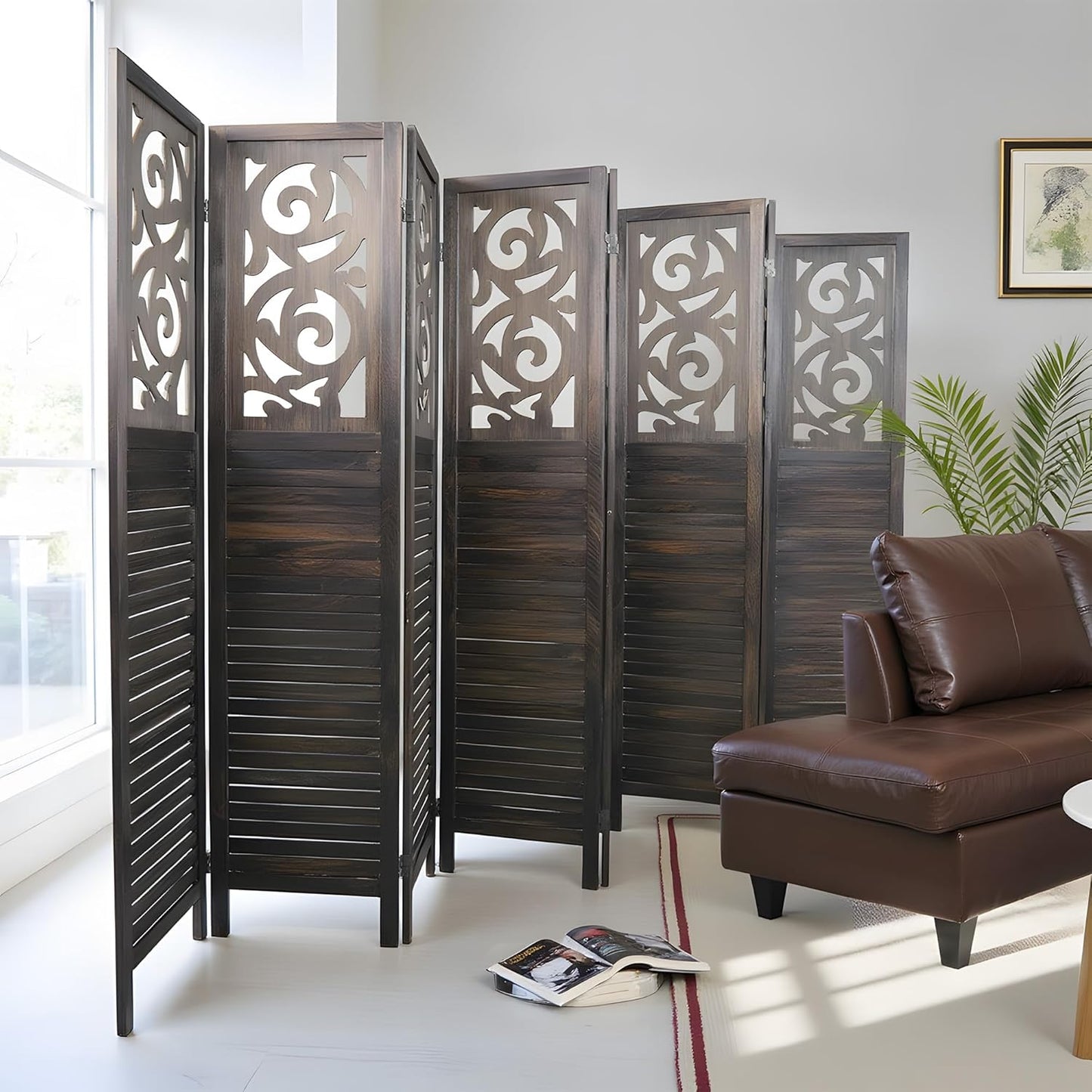 Room Divider, 5.6FT Folding Room Divider Panel, 8 Panel Craved Wood Partition Wall Divider for Room Separation, Rustic Brown