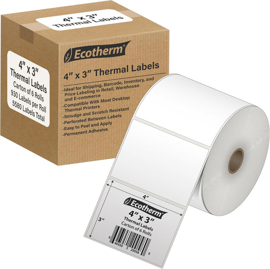 4" x 3" Thermal Labels | 6 Rolls | 5580 Labels | fits Zebra, Munbyn, Rollo, Godex, Arkscan, iDPRT, Offnova Thermal Label Printers and More | Blank White Adhesive Stickers by Ecotherm