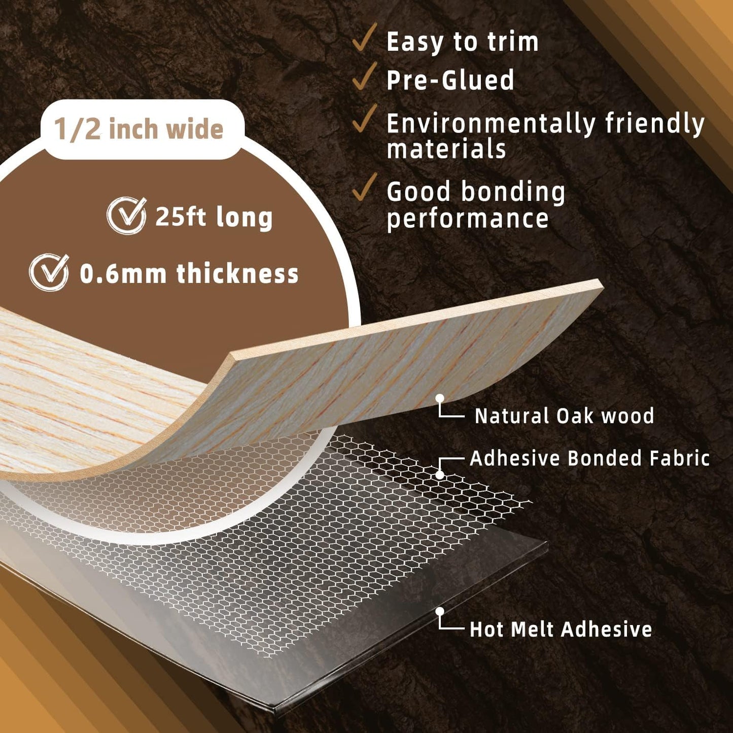 GSCIT Club Oak Edge Banding, 1/2 inch x 25ft roll of Veneer Edge Banding Preglued Flexible, Real Wood Tape Banding Plywood