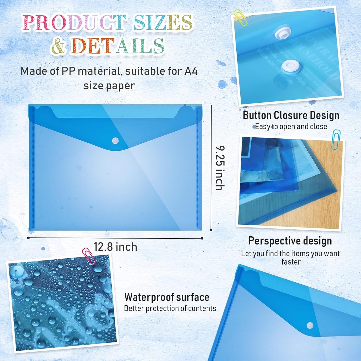 Zhehao 100 Pcs Clear Envelopes with Snap Button Closure A4 Letter Size Plastic Envelope Folder Poly Document File Folders for Home Office(Blue,Simple Style)