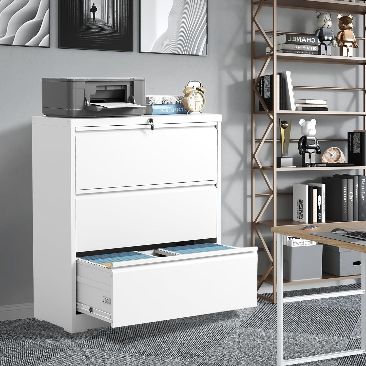 File Cabinets 3 Drawer,Metal Office Storage Filing Cabinet with Lock,White Lateral Filing Cabinet for Home Office,Horizontal Locking File Cabinets for Legal/Letter/A4,Assembly Require,White