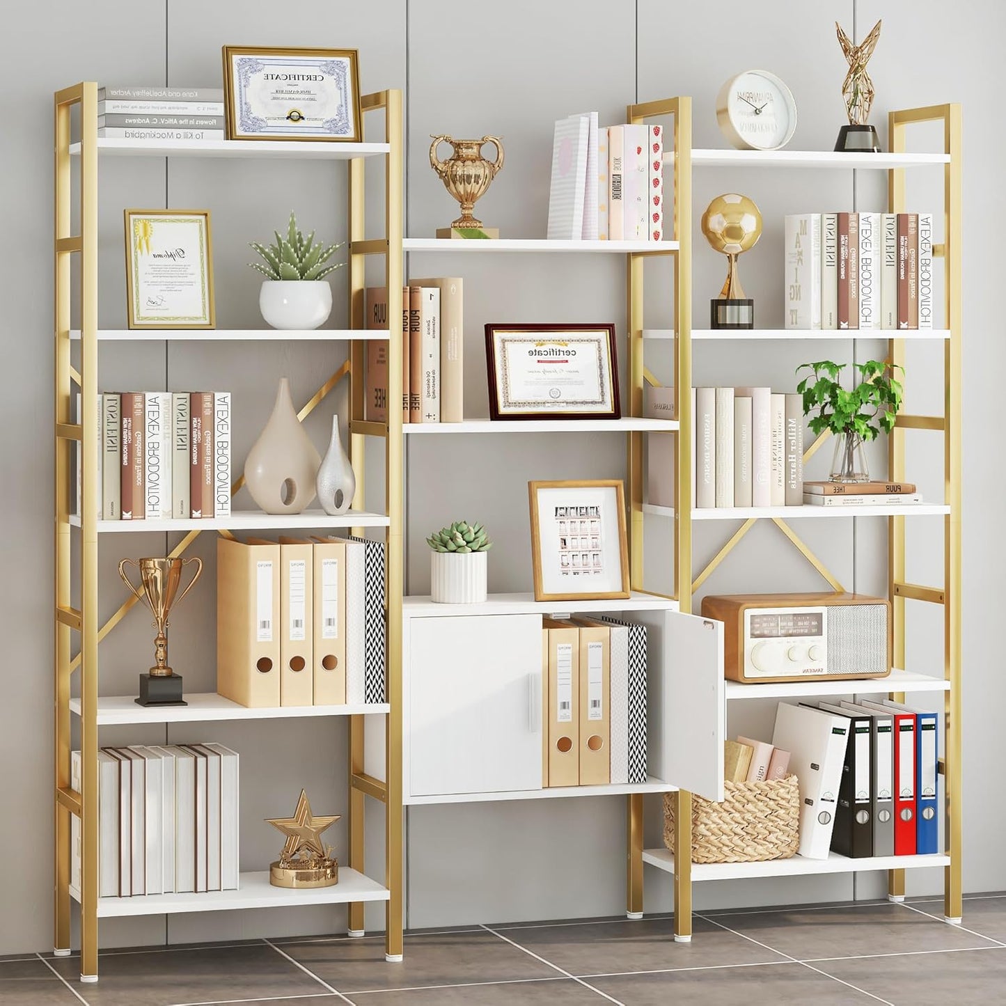 Yusong Bookshelf Triple Wide 5 Tier Bookcases with Storage Cabinet, Industrial Large Modern Tall Bookshelves with 12 Open Display Shelves for Living Room Office Bedroom, White and Gold