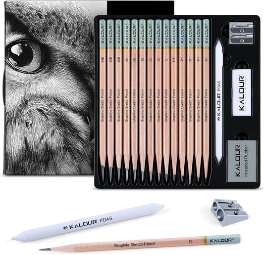 KALOUR 18-Piece Professional Sketch Pencil Set - Includes 5H to 14B Pencils, Vinyl Eraser, Kneaded Eraser,Sharpener and Paper Blending Stump - Ideal for Artists and Beginners