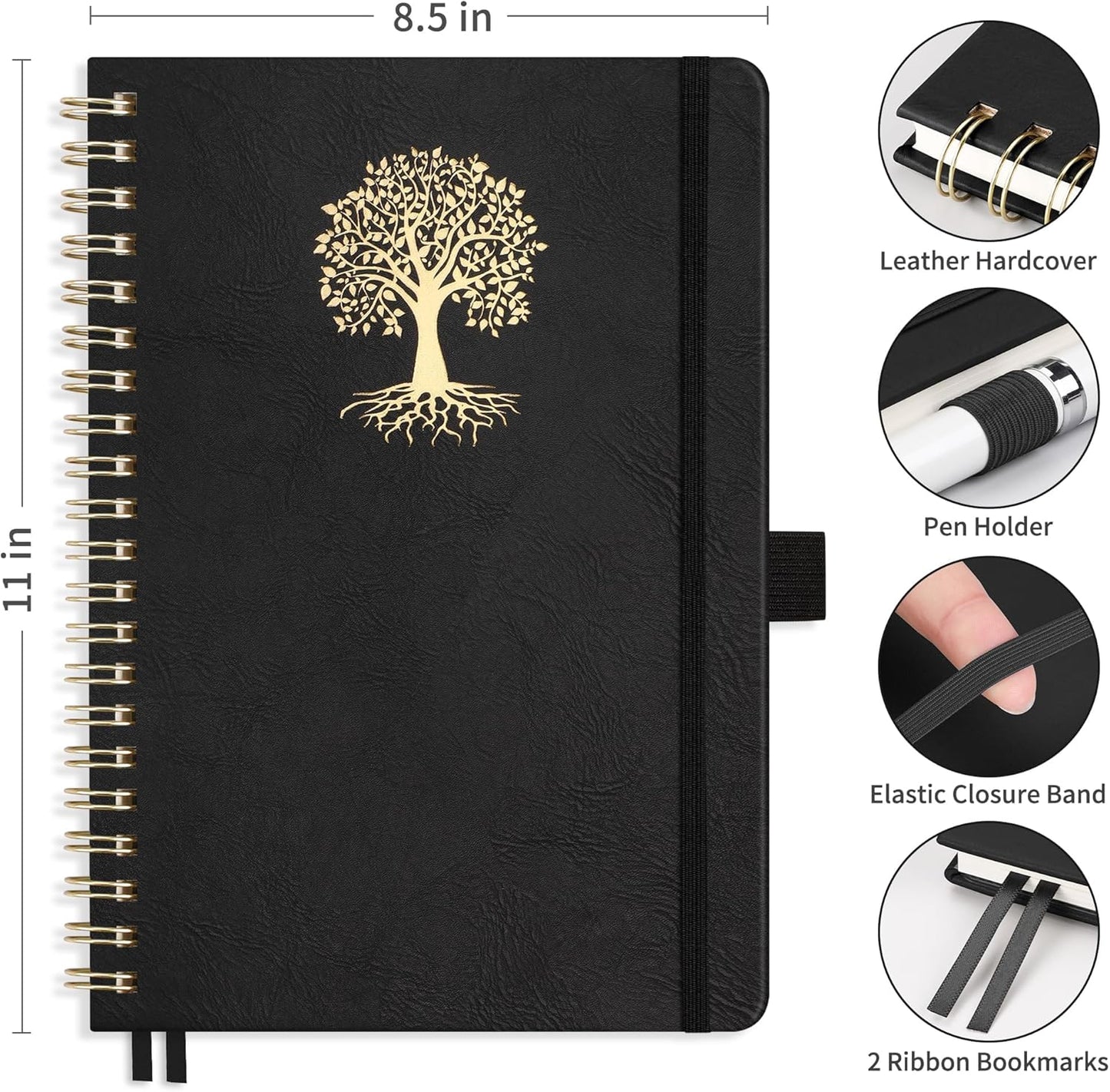 RETTACY Bullet Dotted Journal Notebook, 110 Pages, A4 Medium Size (8.5" × 11"), Leather Hardcover, 100 GSM Thick Paper, Spiral-bound, for Bullet Journaling, Planning, Tracking (Black)