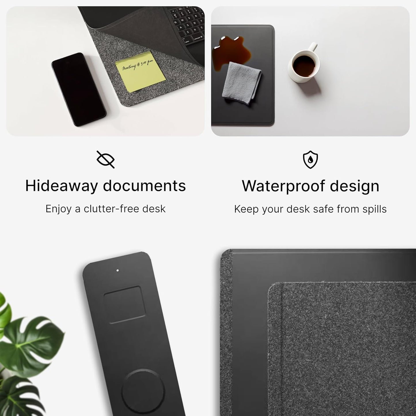 Wireless Charging Desk Pad, Large Non-Slip Reversible Felt & Vegan PU Leather Desk Mat, Waterproof, Detachable Magnetic Panel - Organize, Charge 2 Devices, Apple & Android Compatible - Black