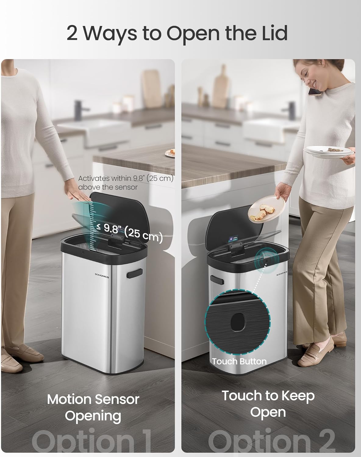 SONGMICS Motion Sensor Trash Can, 13-Gallon (50 L) Automatic Garbage Can with Soft Close Lid, Stainless Steel, Wave or Touch to Open, Includes 15 Bags, Metallic Silver and Ink Black ULTB640E01