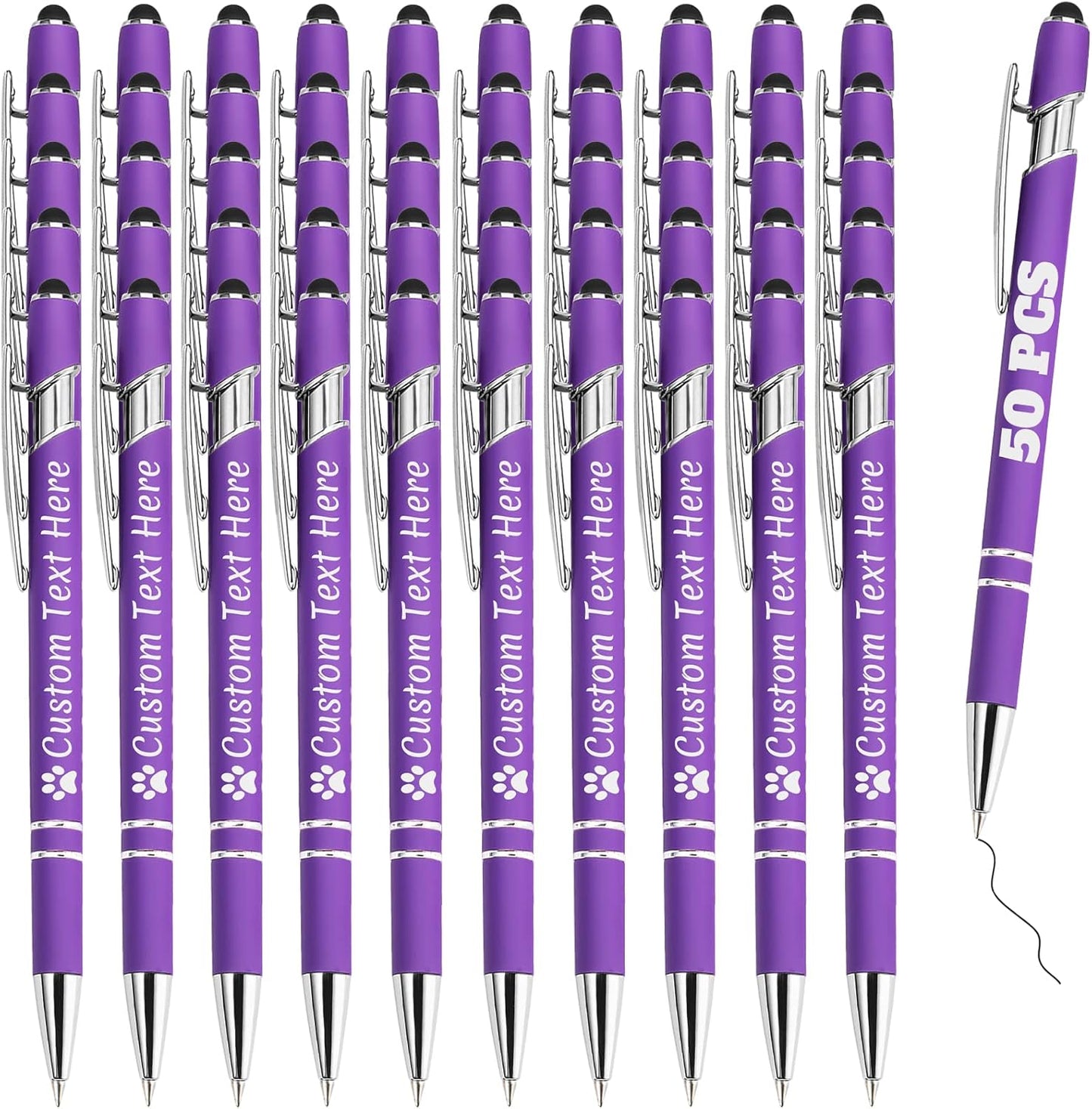 Personalized Pens Bulk 50 with Name Custom Engraving Ballpoint Pens with Stylus Tip Customized Smooth Writing Pens Personalized Gifts for Anniversary Birthday or Graduation(Purlpe,Black Ink)