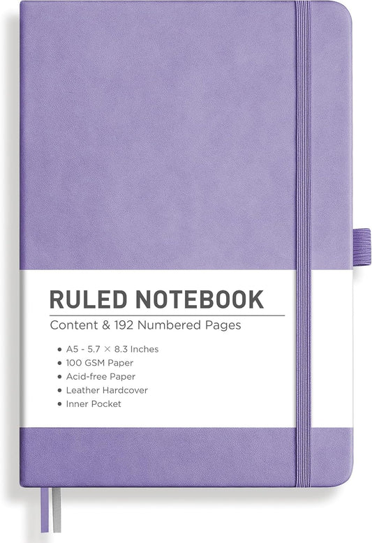 RETTACY Lined Journal Notebook, 192 Numbered Pages, A5 Medium Size (5.7'' x 8.3''), for Men & Women, Journaling, Writing, Work & Office, Leather Hardcover, 100 GSM Thick Paper (Purple)