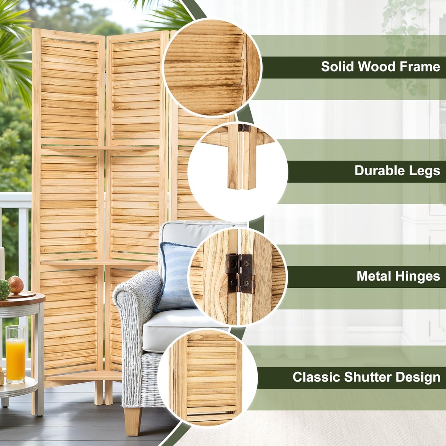 NicBex 6 Panel Room Divider,5.6FT Wood Carved Room Dividers with Display Shelves Folding Privacy Screens Portable Freestanding Partition Wall Dividers for Room Separation, Bedroom Office,Natural Wood