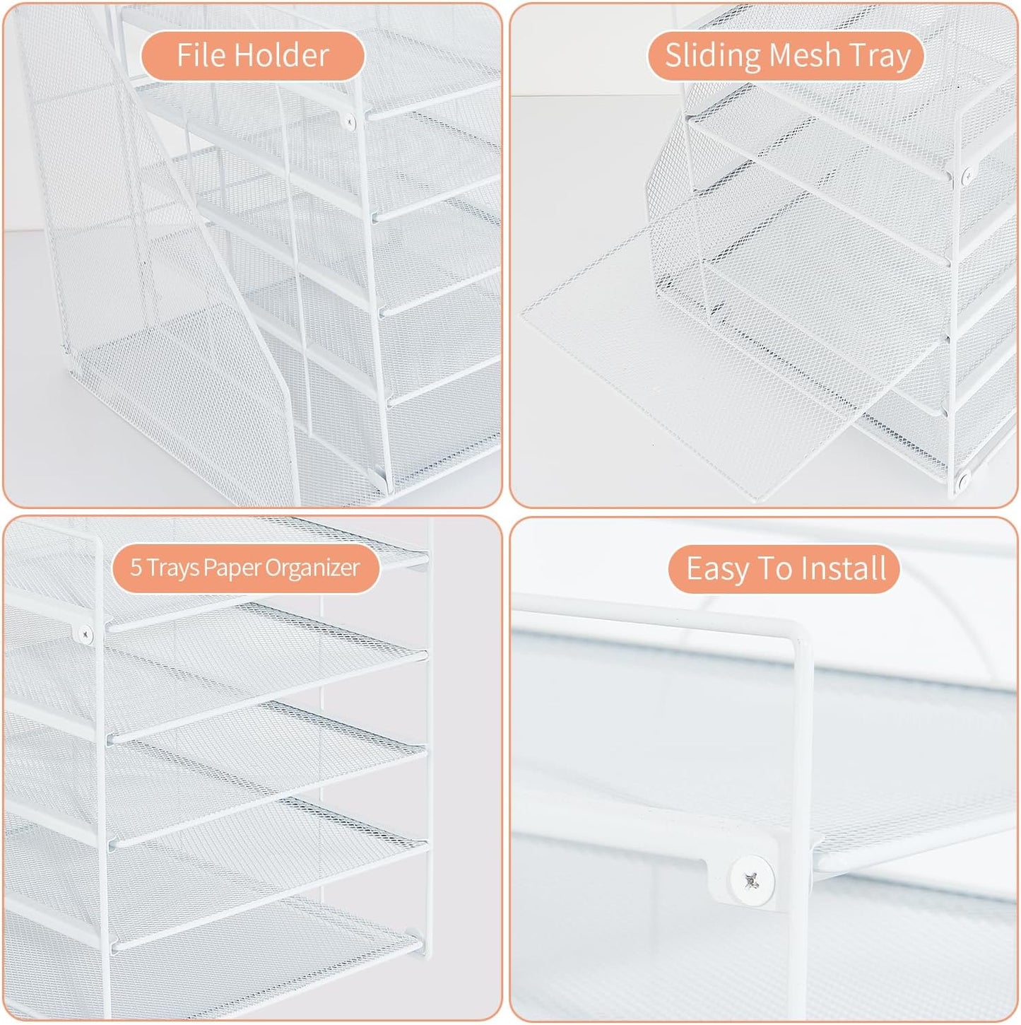 Desk Organizers and Accessories, 5-Tier Paper Letter Tray Organizer with File Holder, Desktop Organizer for Office Supplies, Office Desk Accessories & Workspace (White)