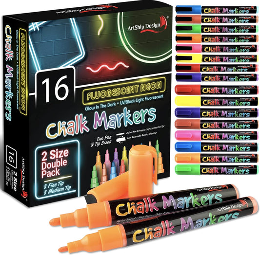 16 UV Fluorescent Neon Chalk Markers - Double Pack of Both Fine & Reversible Medium Tip Liquid Chalk Pens Wet Erasable Menu Boards, Glass, Whiteboards, Mirrors, Non-Porous Chalkboards, Plastic, Metal