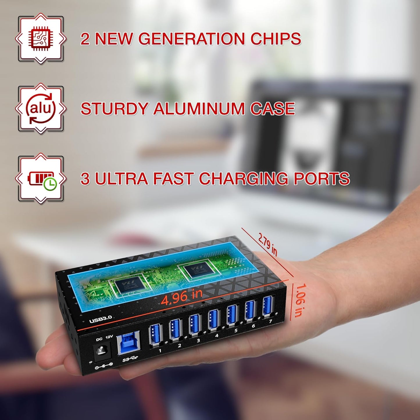 7 Port USB 3.0 Hub - Powered USB Hub –Multiple USB Splitter with Built-in 12V/3A/36W Power Adapter - Up to 5Gbps Sync & High-Speed Data Transfer - Mounting Brackets for Phone MB Laptop Tablet PC