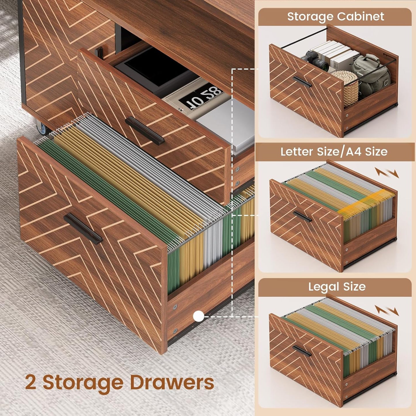 SEDETA 71" Executive Desk with Rolling File Cabinet, Large Office Desk with Drawers, L Shaped Computer Desk with Power Outlets, CPU Stand, Pegboard and Storage Shelves, Brown