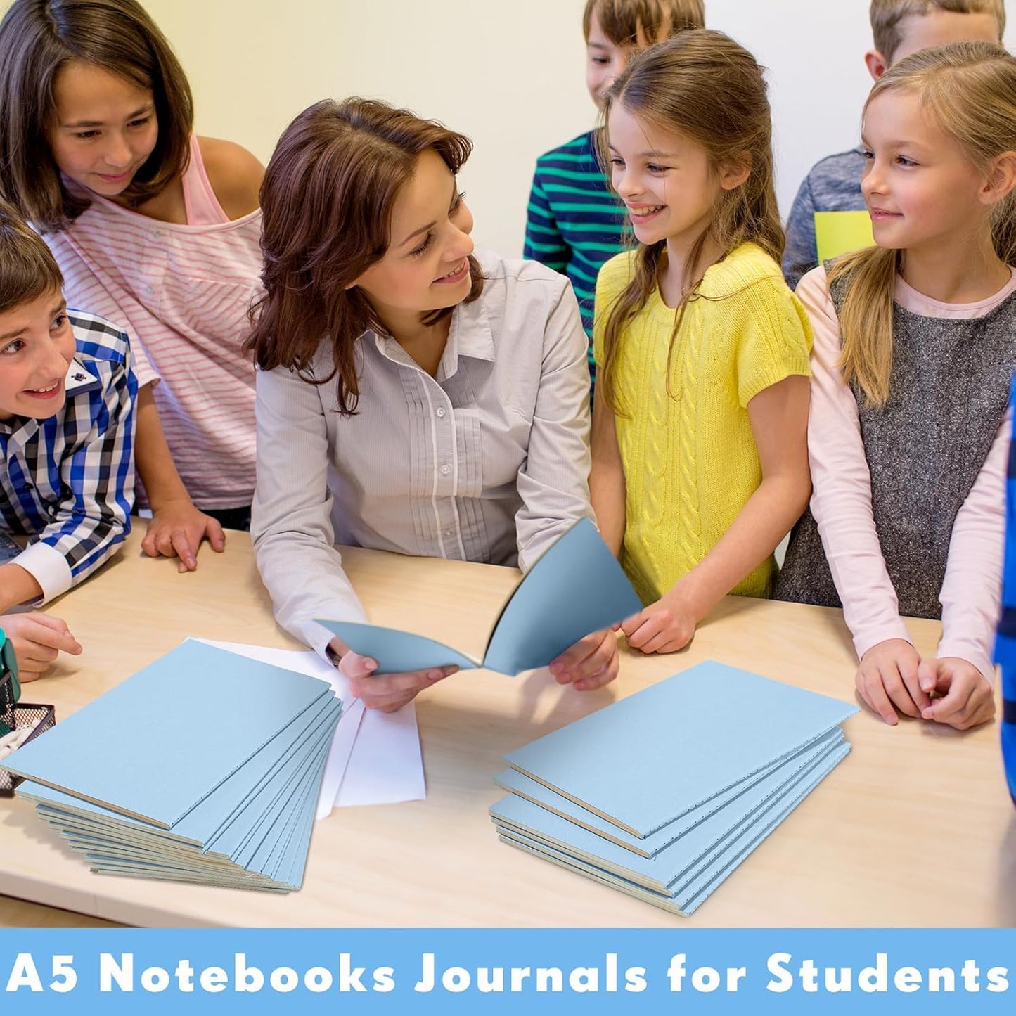 Sepamoon 150 Pack Kraft Notebook Journals 5.82 Inch x 4.13 Inch A6 Softcover Notebooks Bulk for Kids Student Writing Sketch Travel Journal Office Notepad with 48 Pages 24 Sheets, Lined(Light Blue)