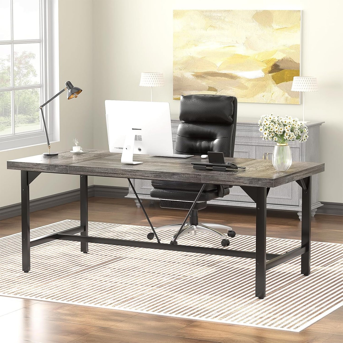 Unikito Large Computer Desk, 63x31.5 Inch Large Office Desks, Premium Sturdy 2 Person Desk, 1.4” Thick Study Writing Table, Modern Laptop Computer Table for Home Office Workstation, Black Oak