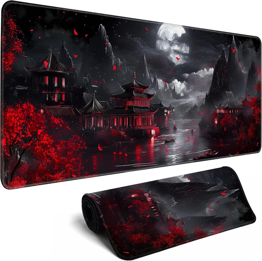 Japanese Riverside Full Moon Desk Mat Large Mouse Pad Gaming Mousepad Extended XL Keyboard Mat Computer Laptop Mouse Desktop Mat 31.5 X 11.8 Desk Decor