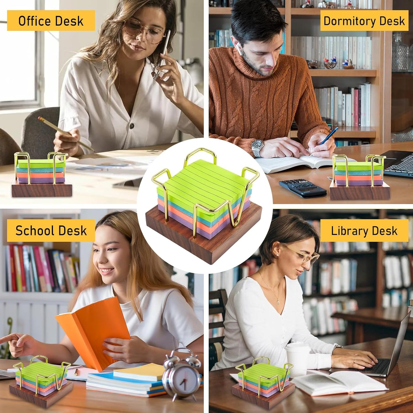 Multibey Walnut Sticky Note Holder, Self-Stick Note Pad Holder for Desk, Wood and Gold Metal Wire Notepad Dispenser, Desktop Organizer for Post Its, Office Supplies