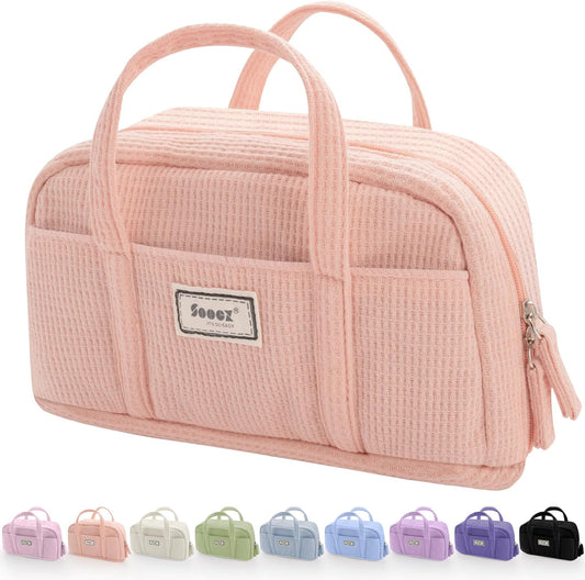 Sooez Large Pencil Case Pouch, Extra Big Pencil Bag with 5 Compartments, Pen Bag Wide Opening, Soft Waffle Pencil Pouch Organizer with Zipper, Cute Aesthetic School Supplies for Teen Girls-Coral