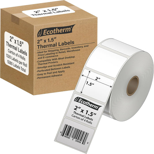 2" x 1.5" Thermal Labels | 4 Rolls | 5280 Labels | fits Zebra, Munbyn, Rollo, Godex, Arkscan, iDPRT, Offnova Thermal Label Printers and More | Blank White Adhesive Stickers by Ecotherm