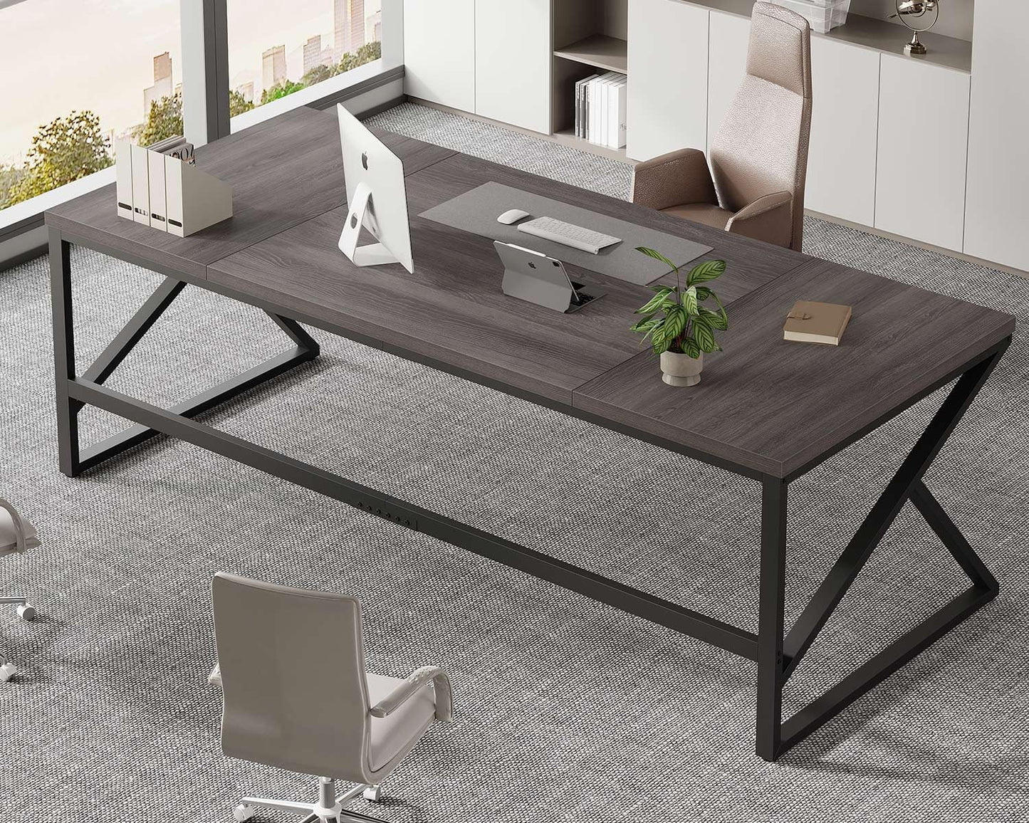 HSH Extra Long Home Office Desk, Industrial Metal Wood Computer Desk, Large PC Laptop Table for Two Person Executive Writing Work Study Gaming, Bedroom Living Room Dual Monitor Desk, Dark Gray,78 Inch