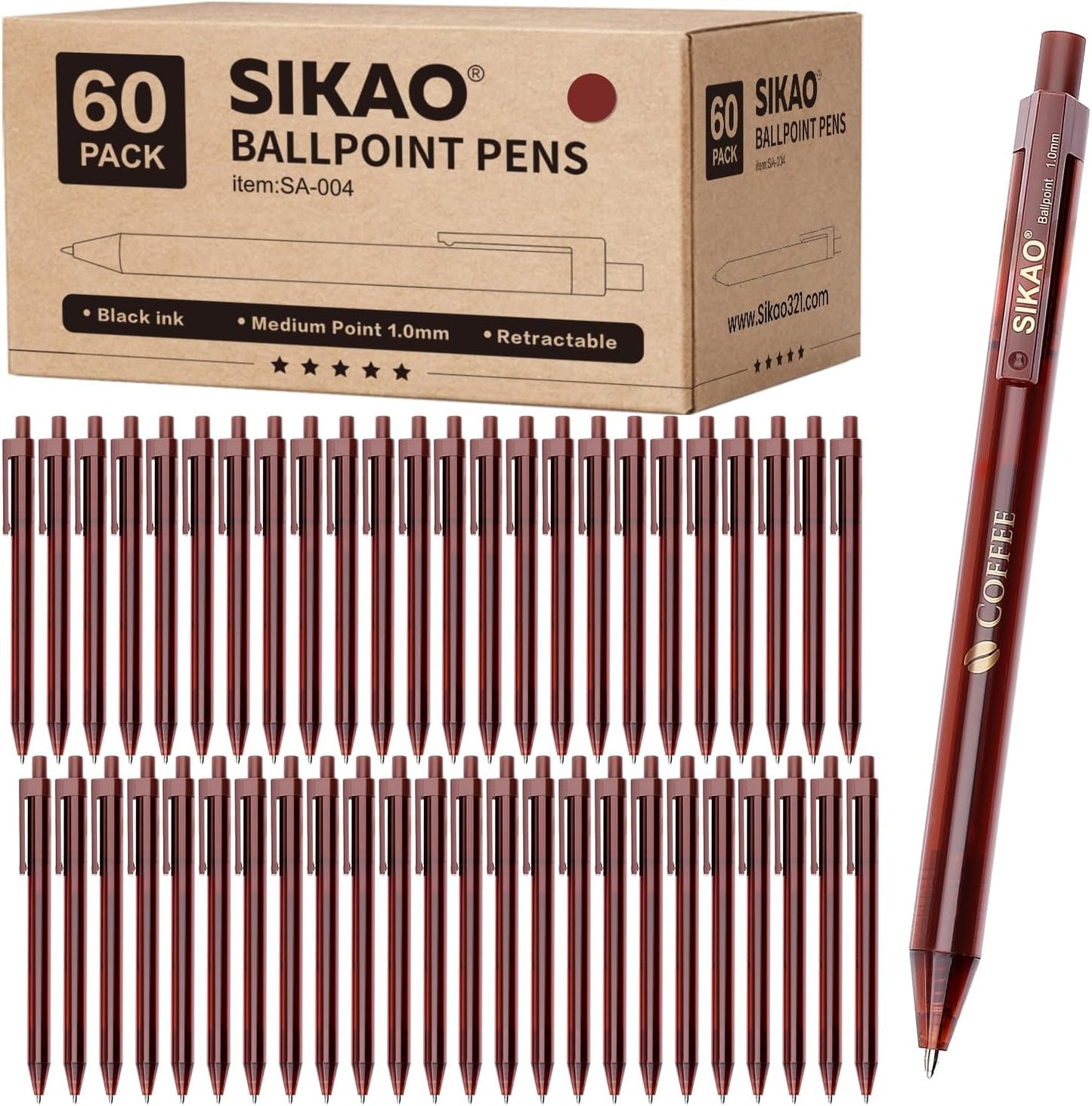 Pens Bulk, Coffee 60Pack Ballpoint Pens for Smooth Writing No Smear, Black Ink Medium Point 1.0mm, Retractable Click Ball Point Pens, School Office Supplies (Black ink)