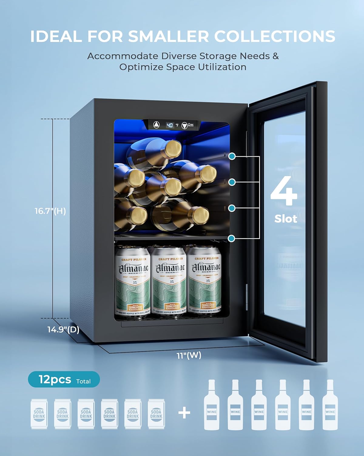 EUHOMY 18L Beverage Refrigerator Cooler, 24 Cans Mini Fridge with Quiet Compressor, Countertop Small Fridge with 40°F-61°F Digital Temperature Control, LED Lgiht for Home, Bar, Office