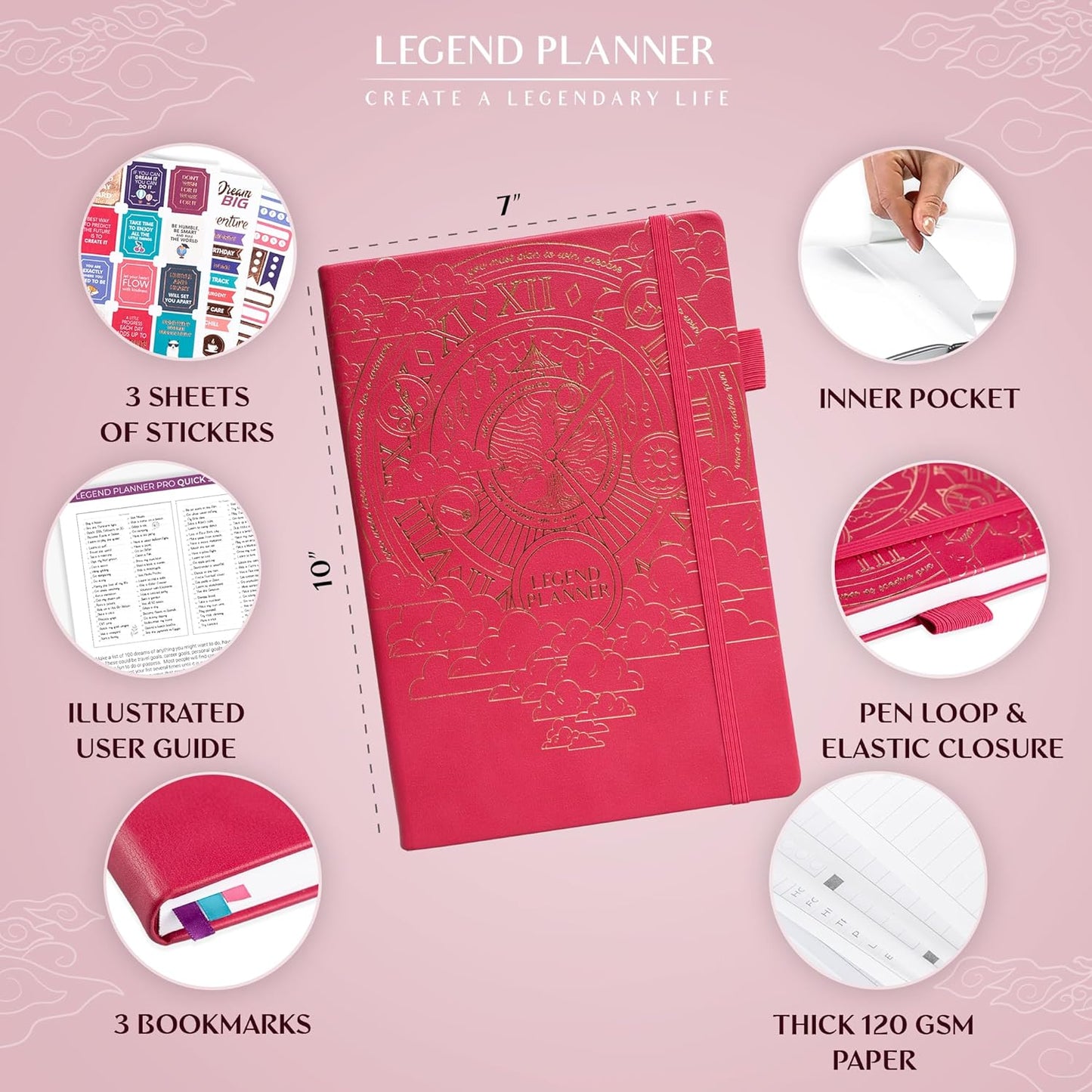 Legend Planner PRO – Deluxe Weekly & Monthly Life Planner to Increase Productivity and Hit Your Goals. Time Management Organizer Notebook – Undated – 7 x 10" Hardcover + Stickers – Hot Pink