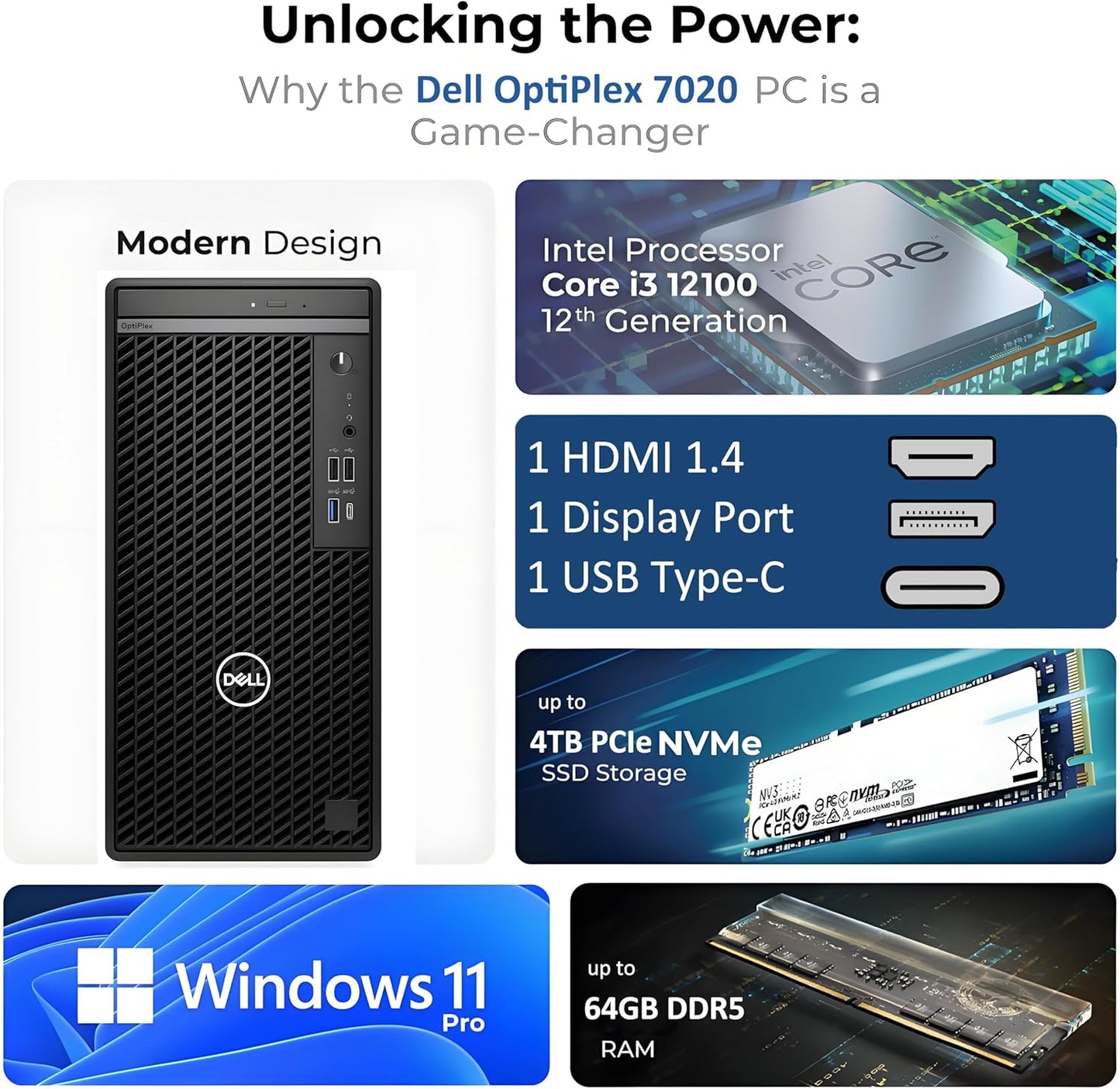 Dell OptiPlex Desktop Computer, 7020 Tower Dekstop PC, 12th Gen Intel 4-Core Processor (Beats Core i7-9700), 16GB DDR5 RAM, 1TB PCIe SSD, DVDRW, WiFi Adapter, RJ-45, Keyboard & Mouse, Windows 11 Pro