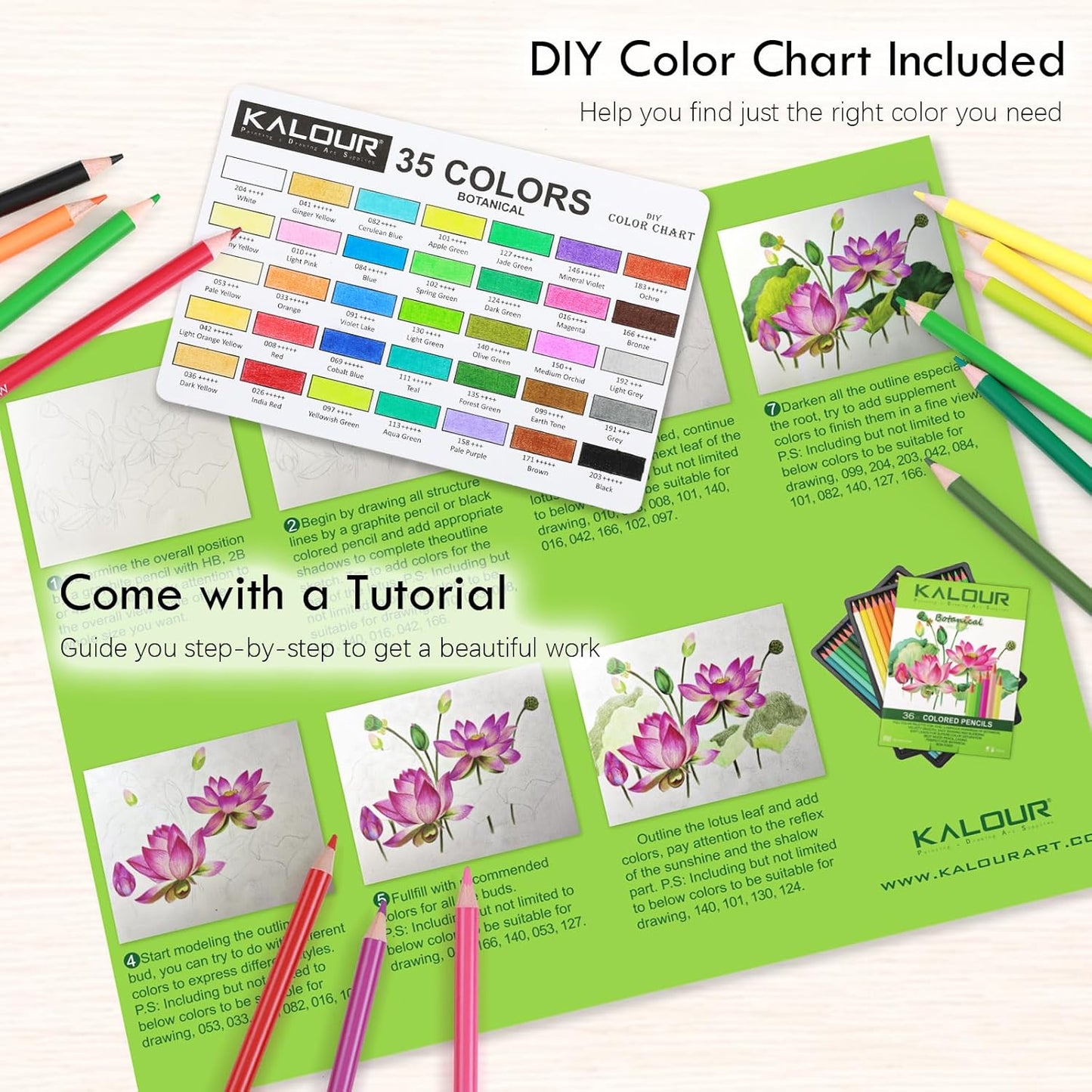 KALOUR PDAS 36-piece Green Botanical Colored Pencil Set, Pre-sharpened Wooden Colored Pencils for Adults Artists Beginners Coloring Books Drawing & Sketching