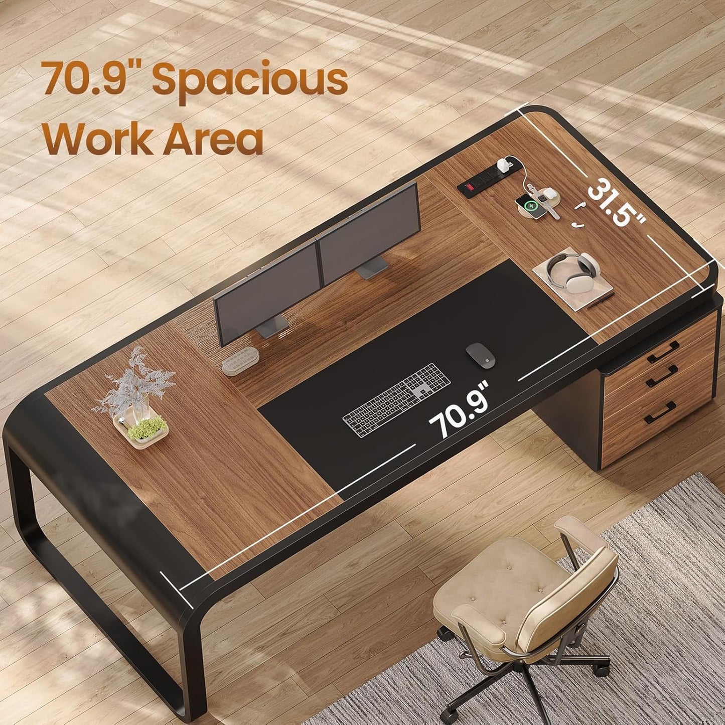 Itaar 70.9" Executive Desk, Large Computer Desk with Drawers and Lateral File Cabinet, Office Desk with Removable Shelves, Business Furniture Desk Workstation for Home Office, Walnut