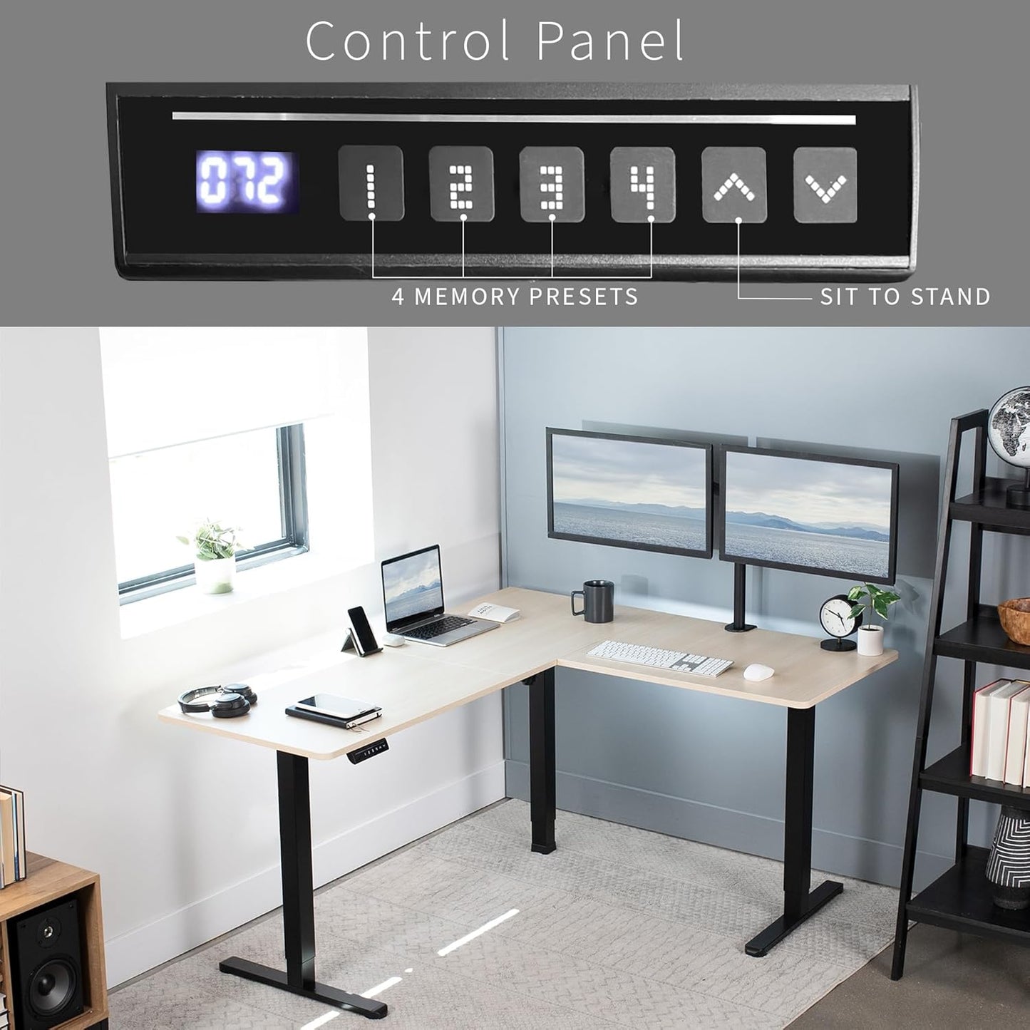 VIVO Electric Corner L-Shaped 63 x 55 in Standing Desk, Memory Height Adjustment, Light Wood Top Black Frame, DESK-E3CTBC