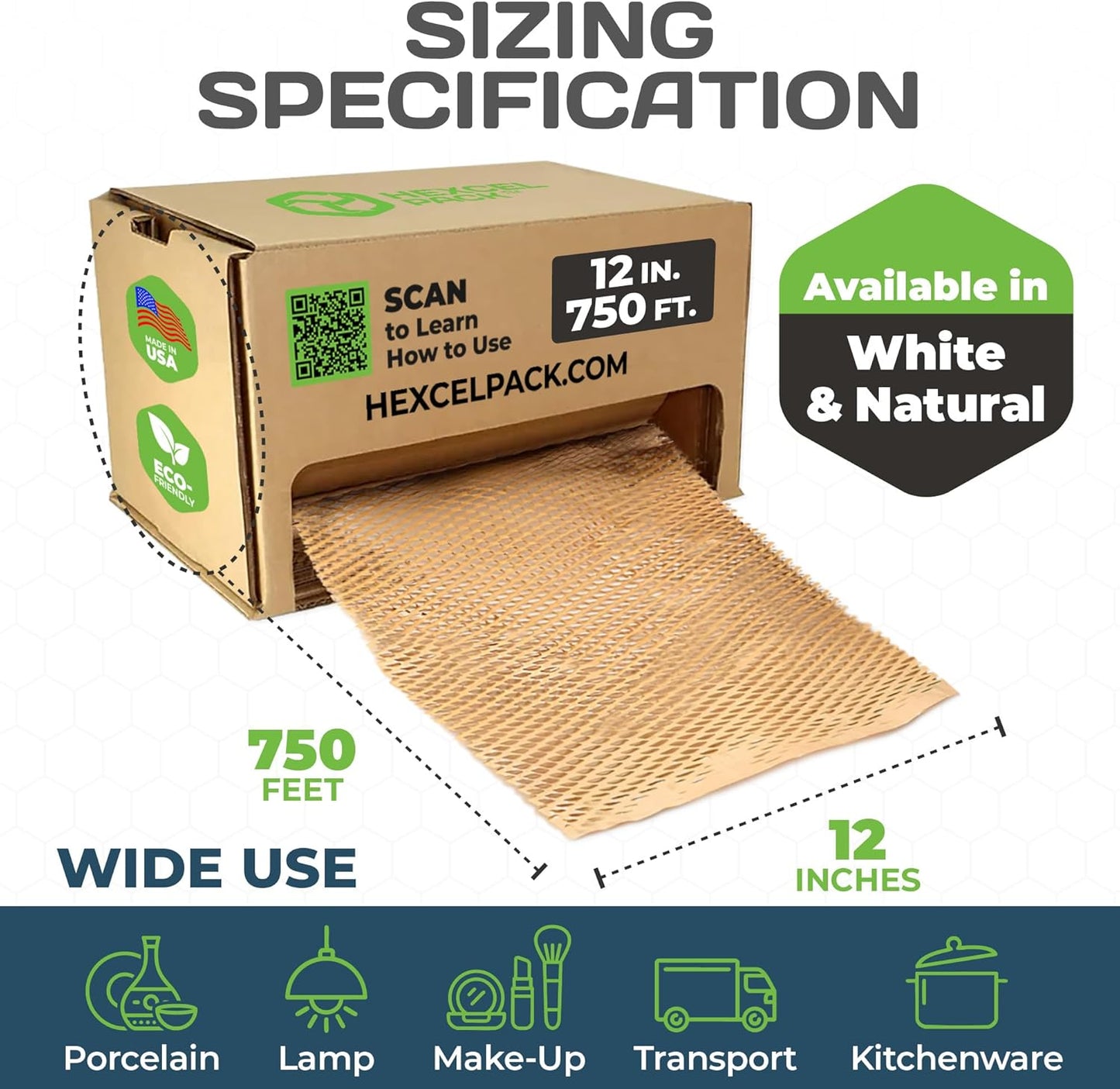 HexcelWrap Mini - Honeycomb Packing Paper, Eco-Friendly, Sustainable Paper Bubble Wrap for Shipping & Moving, Cushioned Packing Material in Dispenser - Natural, Pallet of 40, 12" x 750'