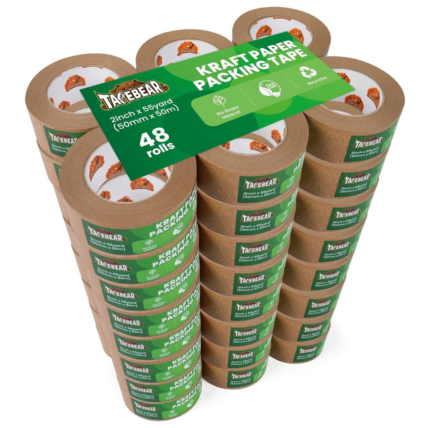 Eco-Friendly Kraft Paper Tape, Biodegradable Heavy Duty Packing Tape 2Inch x 55Yard, Recyclable Packaging Tape Self Adhesive Box Tape for Shipping, Sealing, Moving & Masking, 48Rolls