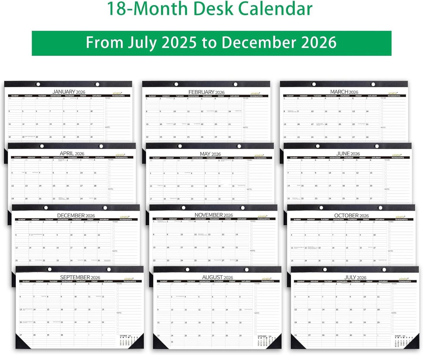 Desk Calendar 2026 Wall Calendars, July 2025 - December 2026 Monthly Planner Paper Office Desktop 17"X 12", 18-Months, Planning and Organizing Home, School, Office, Holiday, Vacation