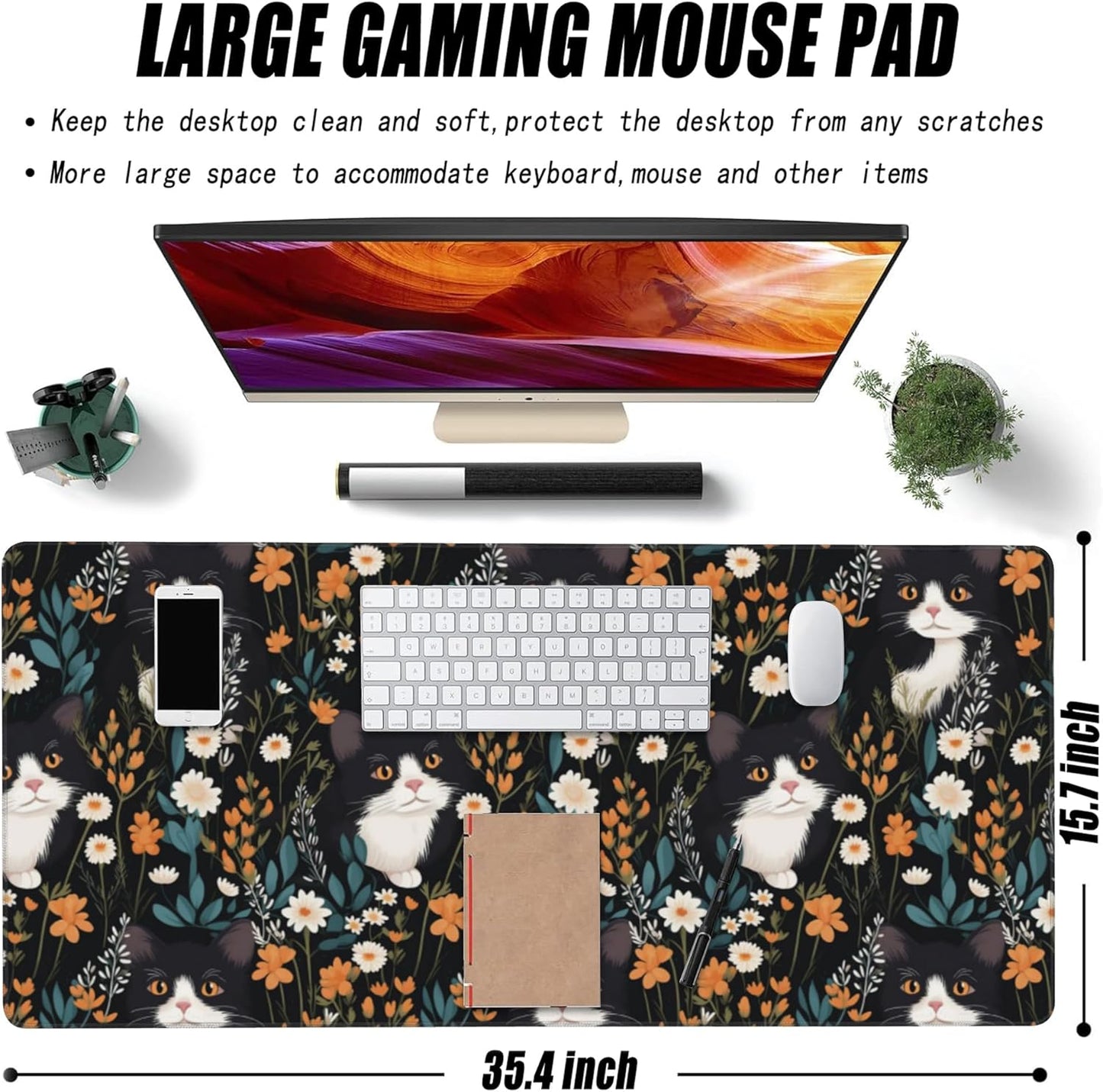 Extended Large Gaming Mouse Pad, Black Cat Wildflowers Large Desk Mat for Desktop XXL, Non-Slip Rubber Base Stitched Edges Long Computer Keyboard Desk Pad Mouse Mat for Gaming Home Office 35.4"X15.7"