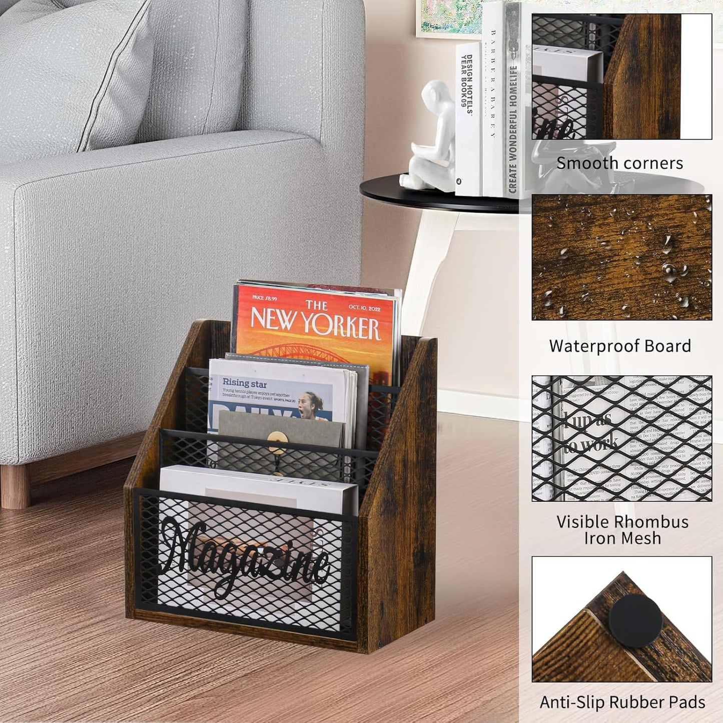 YINMIT Magazine Holder, Stepped 3 Tier Magazine Rack Floor, Magazine Storage Basket, Folder Organizer Bin for Magazines,Books,Newspapers,Tablets