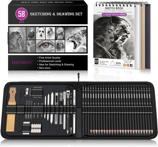 HIFORNY 58 PCS Drawing Kit Sketching Pencil Set,Sketch Pencils Art Supplies with 3-Color Sketchbook,Graphite,Charcoal,Blending Tools,Drawing Pencils for Adults Artists