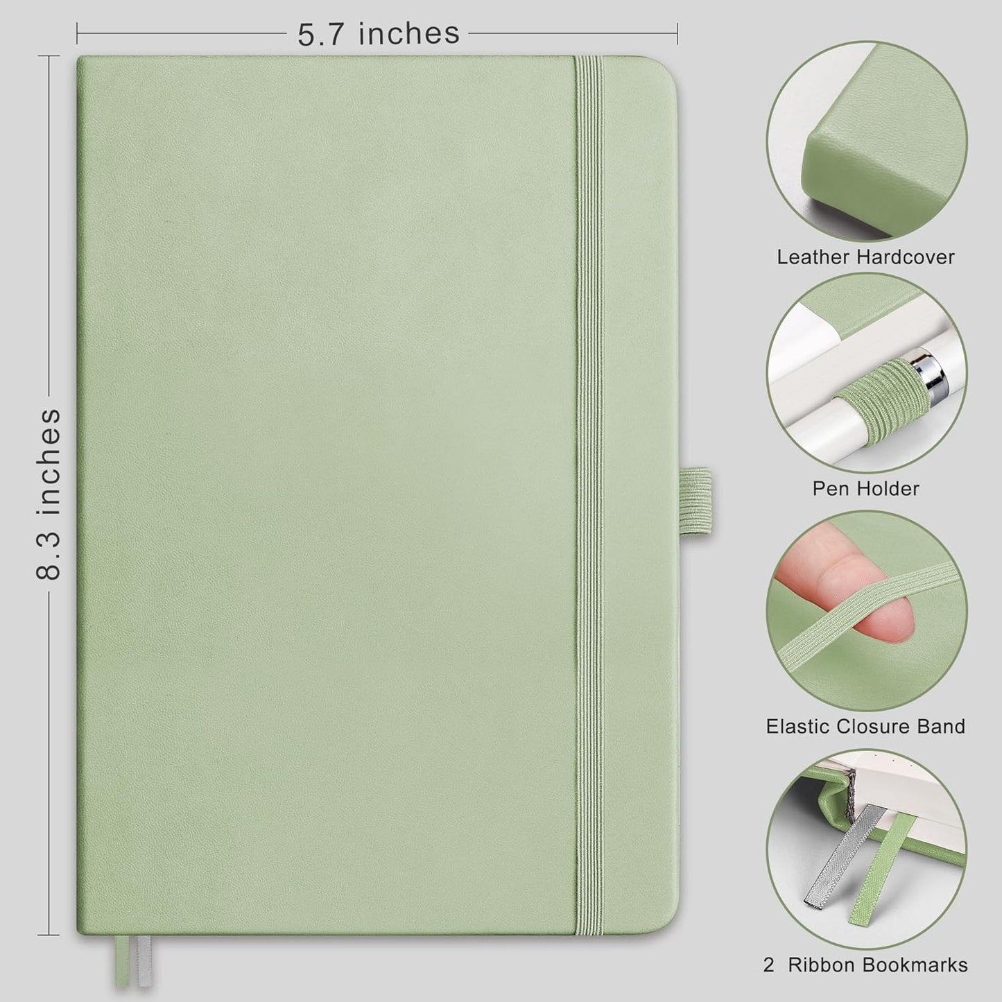 RETTACY Bullet Dotted Journal Notebook, 256 Pages, A5 Medium Size (5.7'' × 8.3''), Leather Hardcover, 120 GSM Thick Paper, for Bullet Journaling, Planning, Tracking (Light Green)