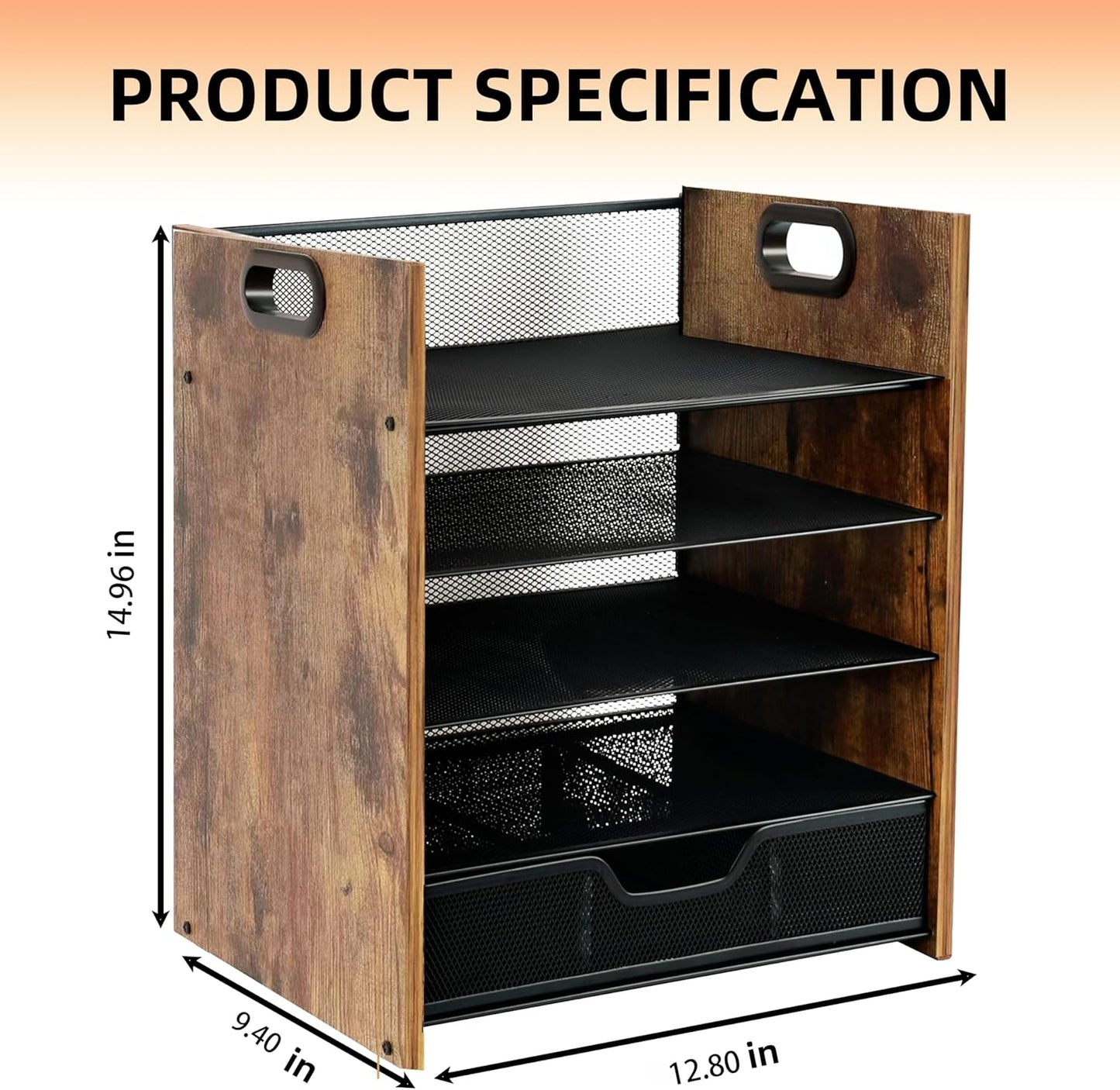 Wood Desk Organizer - 5-Tier Desktop File Organizer with Drawer, Wooden Paper Tray, Office Desk Organzier and Accessories for Papers, Mail, Notebooks, Stationery