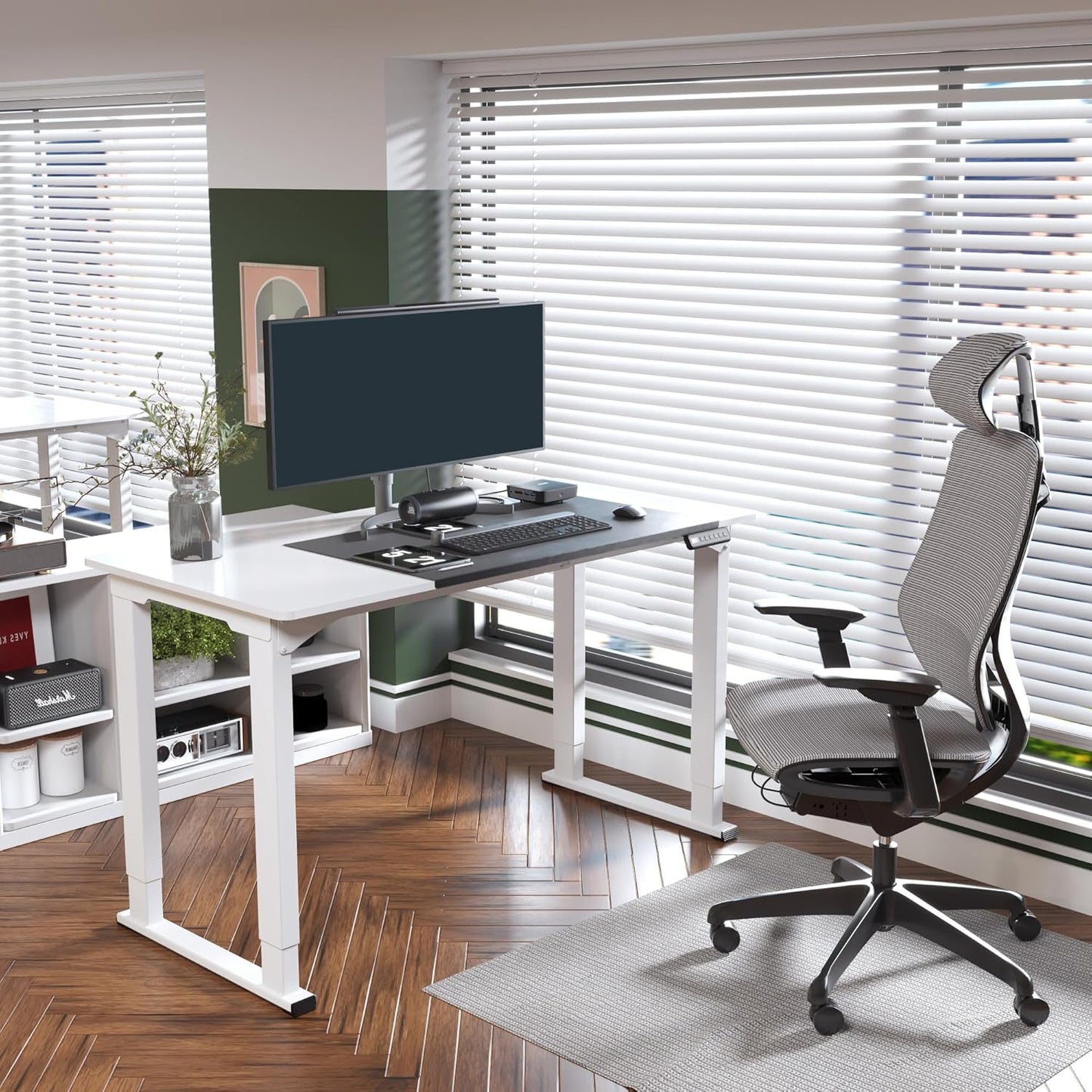 SANODESK 4-Leg Standing Desk, Electric Height Adjustable Desk with Memory Presets for Home Office, Stand up Desk Computer Workstation, 55x28 Inches White