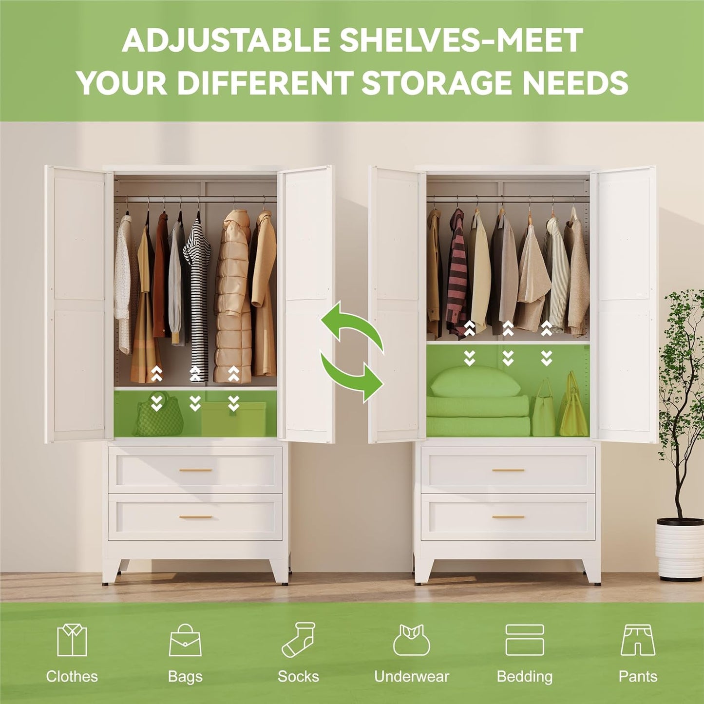 Metal Wardrobe Cabinet with Hanging Rod,71" Armoire Wardrobe Closet with 2 Drawers,Farmhouse Metal Clothing Storage Cabinets with Door and Adjustable Shelves for Bedroom,Laundry Room(White)